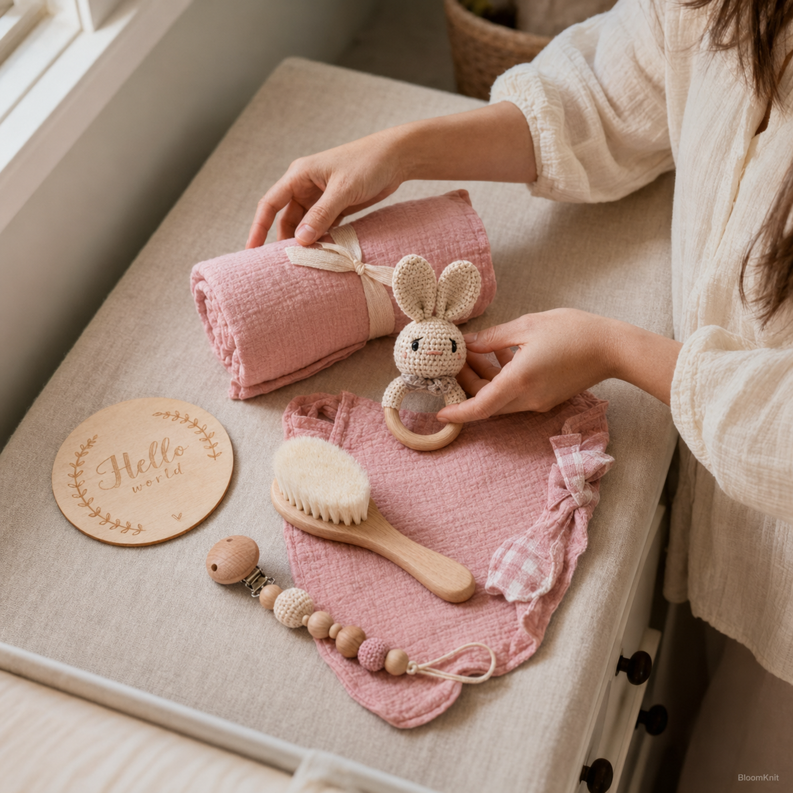Newborn Baby Gift Box, Crochet Animal Rattle, Muslin Blanket, Pacifier Clip and Brush – 02 pink bunny
