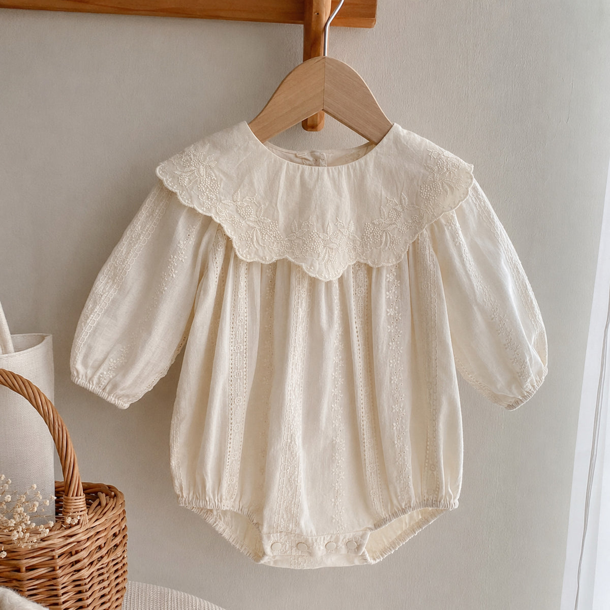 Ivory long sleeve baby bubble romper with oversized embroidered lace collar