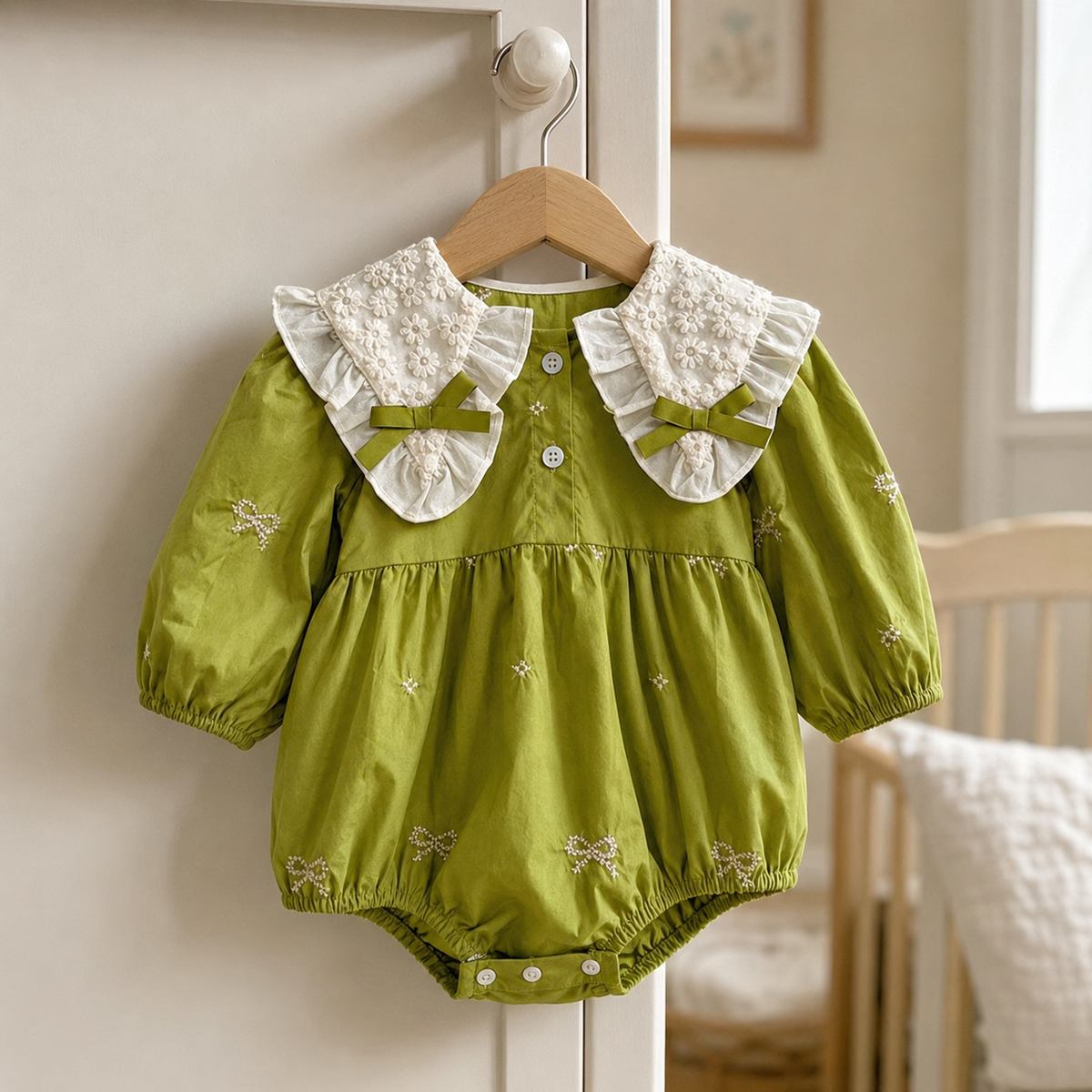 Green embroidered baby bubble romper on a wooden hanger