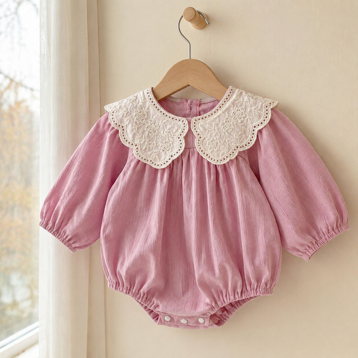 Dusty rose long sleeve bubble romper shown separately