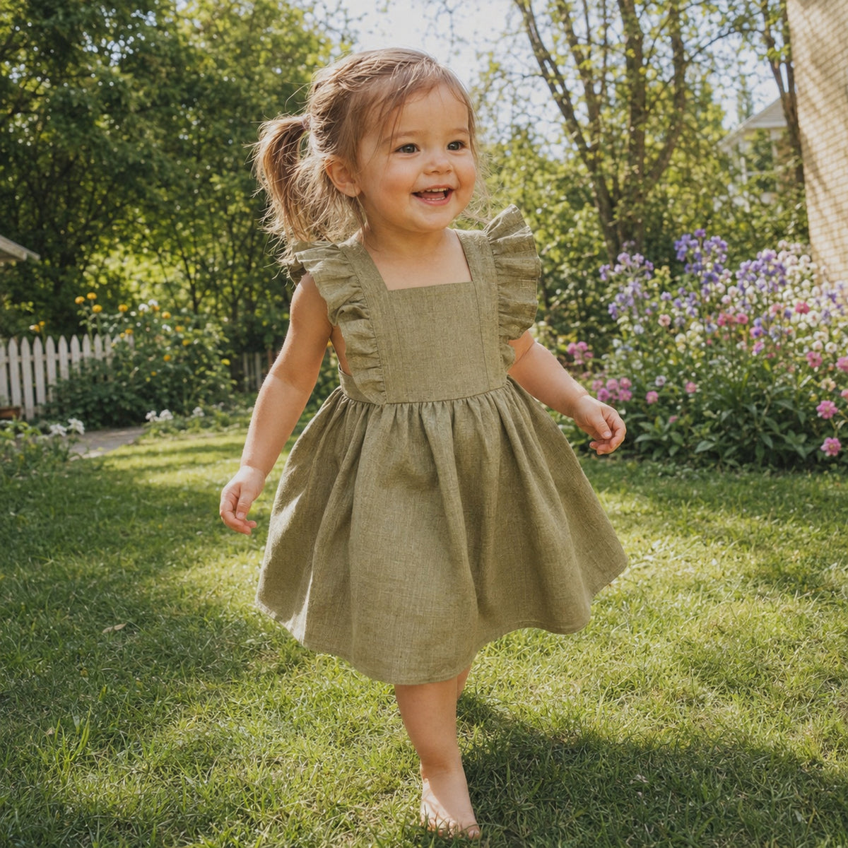 Sage green ruffle strap toddler pinafore dress