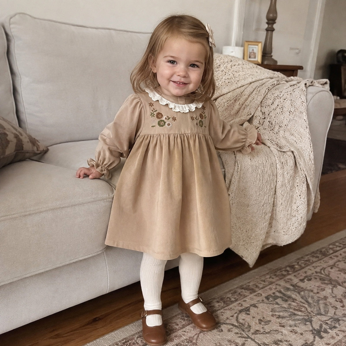 Girls khaki and brown floral Peter Pan collar long sleeve fall dress - worn indoor lifestyle view