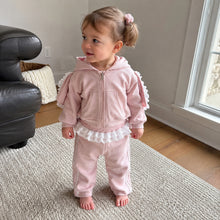 Girls Pink Bunny Ear Hoodie and Lace Ruffle Pants Set, 2-Piece Ribbed Outfit