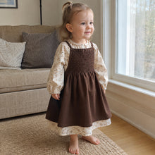 Girls Brown Smocked Pinafore and Floral Long Sleeve Dress, 2-Piece Fall Set