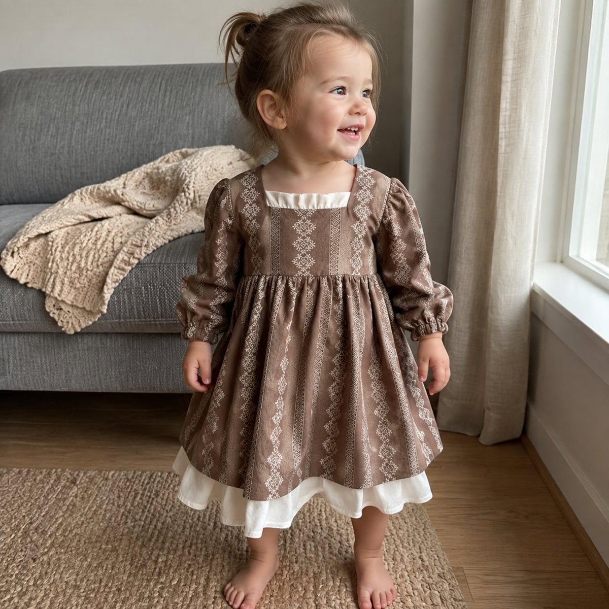 Younger toddler wearing the taupe floral long sleeve dress at home