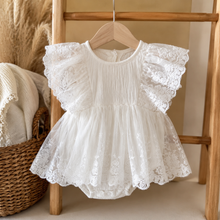 White Lace Baby Romper Dress with Flutter Sleeves and Embroidered Cotton Skirt
