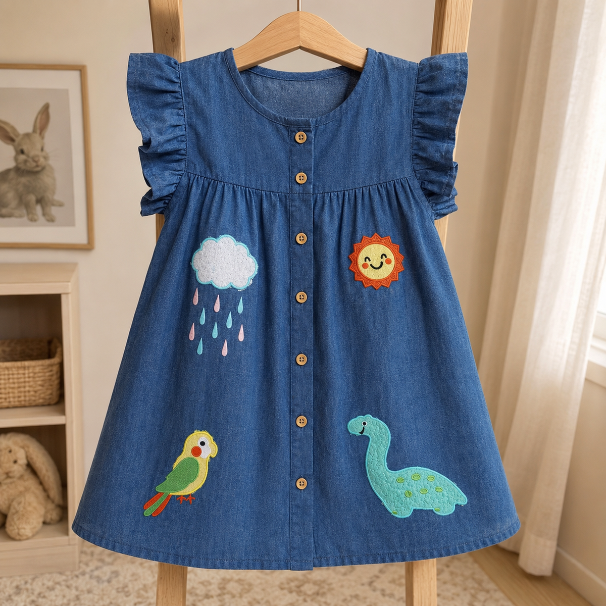 Girls appliqué denim dress hanging in a cozy child’s room
