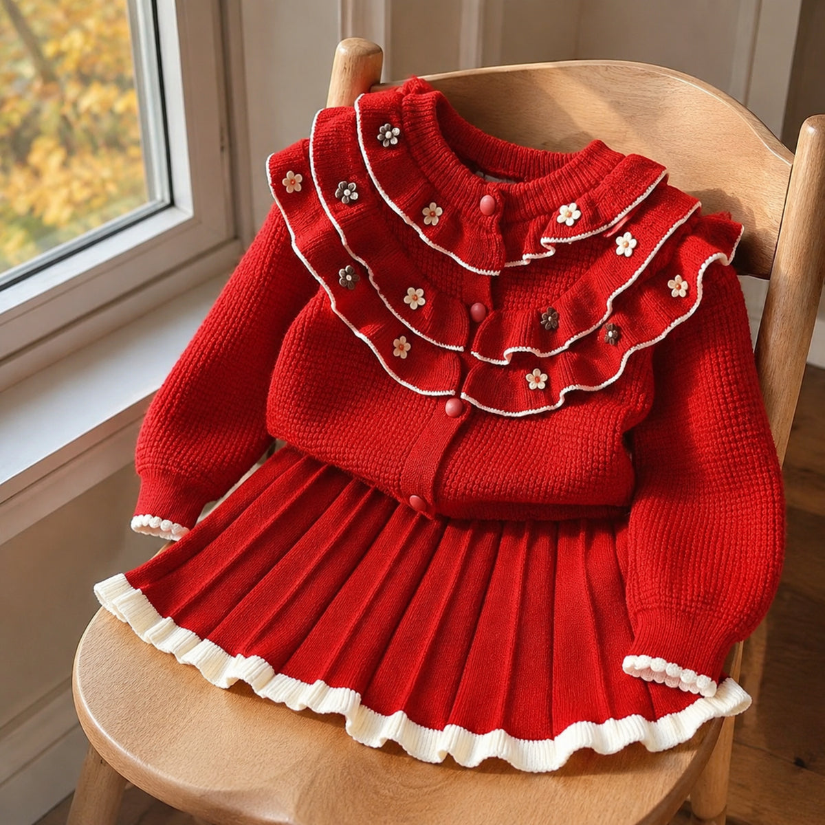 Holiday red ruffle flower cardigan and pleated knit skirt set on a wooden chair