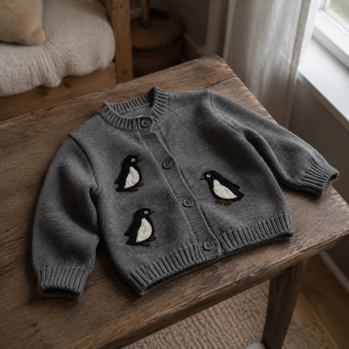 Charcoal penguin knit toddler cardigan laid naturally on a wooden bench