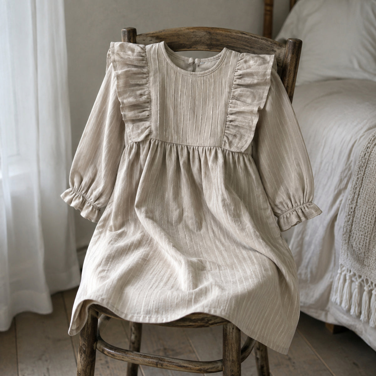Soft oatmeal long-sleeve ruffle dress draped naturally on a wooden chair