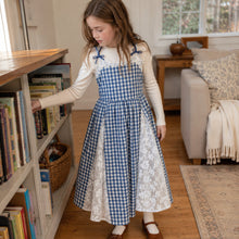 Girls Blue Gingham Maxi Dress with White Floral Lace, Fall Layering Dress