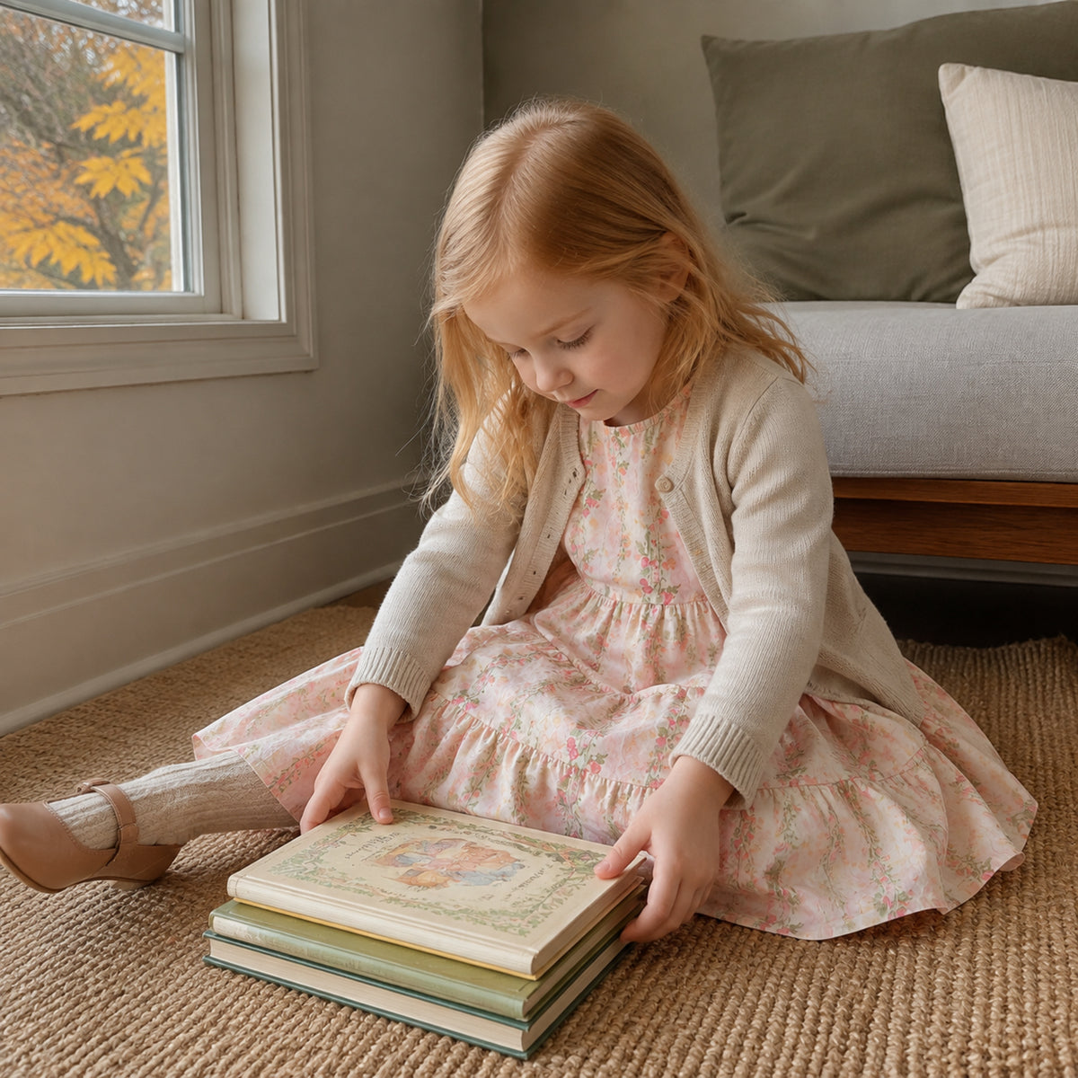 Four-year-old wearing pink floral princess dress with oatmeal cardigan and cream tights