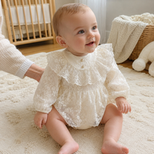 Ivory Lace Baby Romper Dress, Pearl Collar Christening and First Birthday Outfit