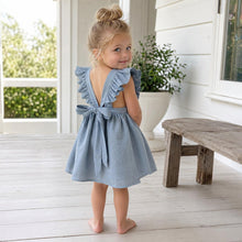 Girls Linen Pinafore Dress, Ruffle Strap Tie Back Toddler Sundress