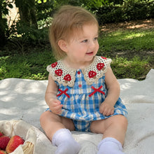 Baby Blue Gingham Romper Dress with Crochet Strawberry Collar and Red Bows