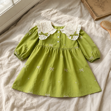 Green Embroidered Baby Romper or Dress with Ivory Lace Collar and Long Sleeves