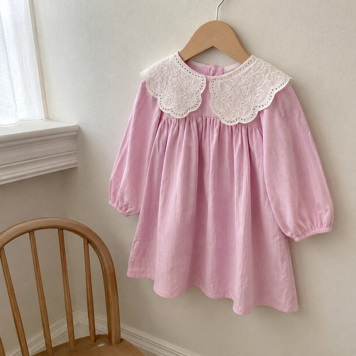 Dusty rose long sleeve lace collar girls dress shown separately