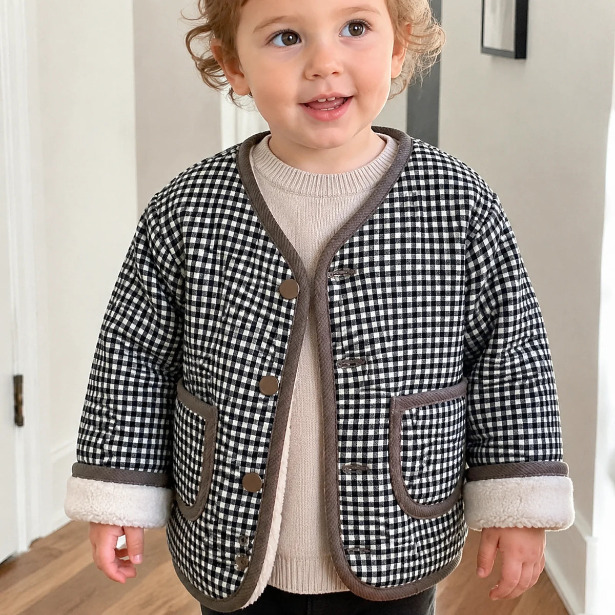 Toddler Reversible Sherpa Jacket, Ivory or Taupe Gingham Fleece Fall Coat