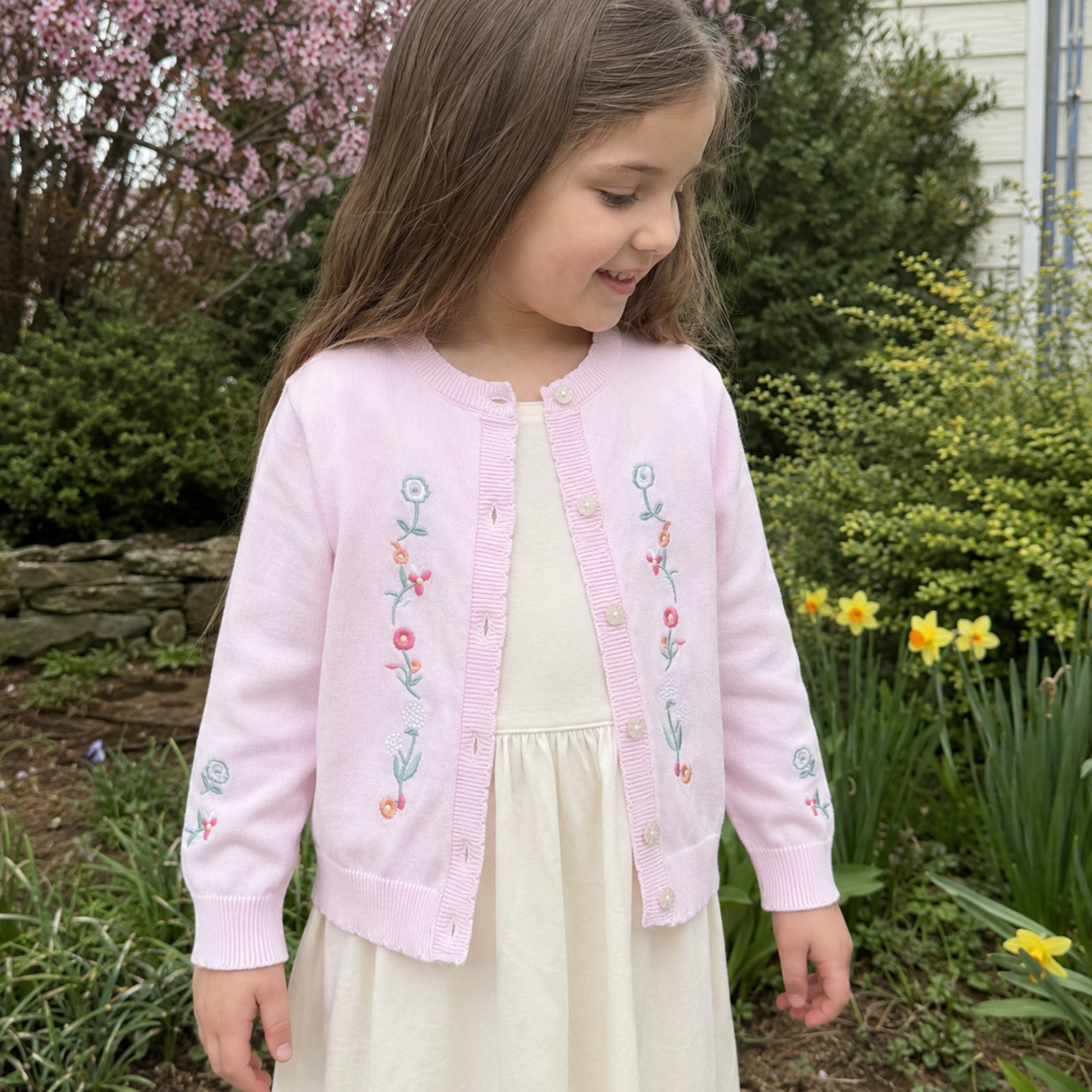 Pink Floral Embroidered Girls Cardigan, Lightweight Cotton Knit Toddler Sweater Gift – 03 girl spring garden