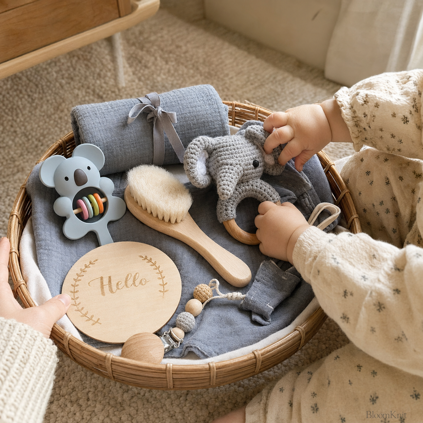 Newborn Baby Gift Box, Crochet Animal Rattle, Muslin Blanket, Pacifier Clip and Brush – 03 grey elephant