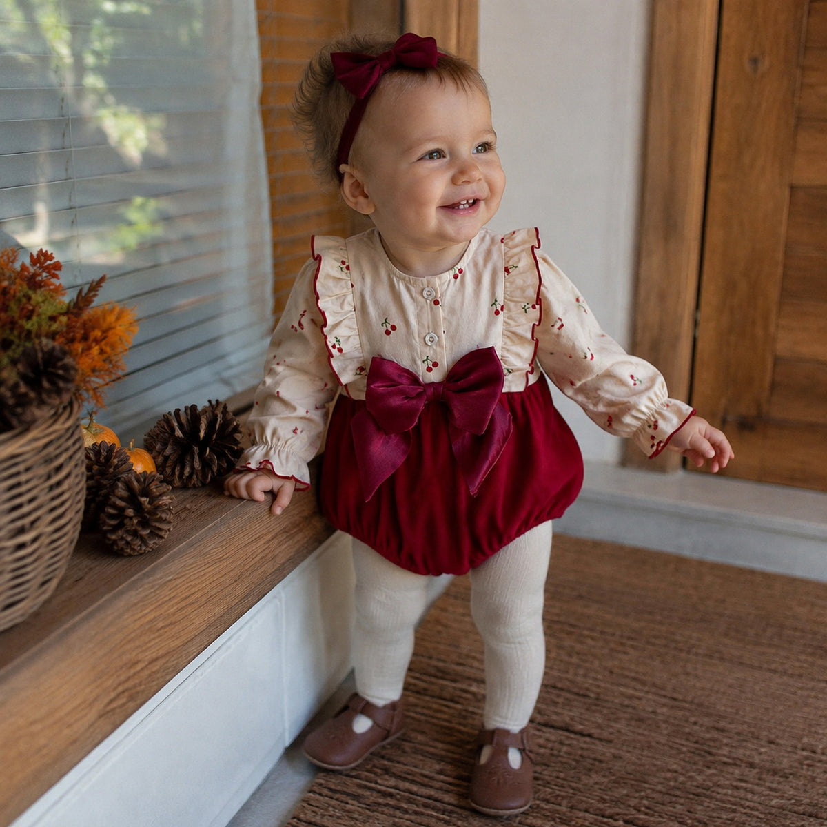 Baby burgundy velvet romper with cherry print long sleeves and large bow - worn outdoor lifestyle view