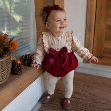 Baby Burgundy Velvet Romper with Cherry Print Top and Big Bow, Holiday Outfit