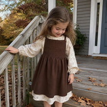 Girls Brown Smocked Pinafore and Floral Long Sleeve Dress, 2-Piece Fall Set