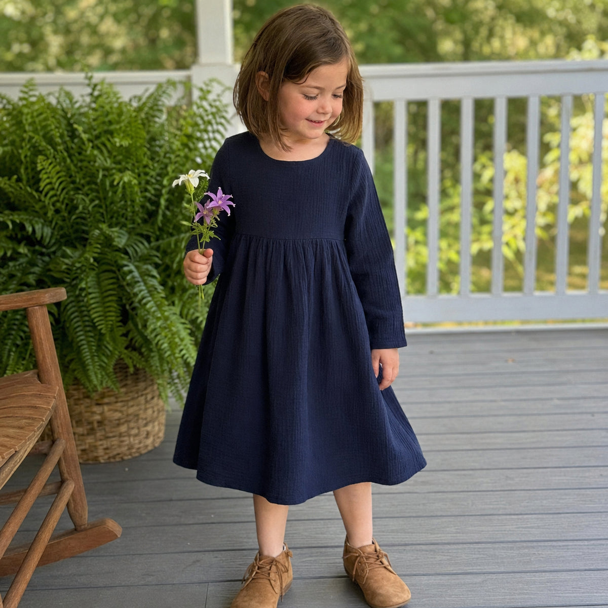 Navy long sleeve gauze dress for girls