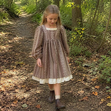 Girls Taupe Floral Puff Sleeve Dress with Square Neck and Ruffle Hem