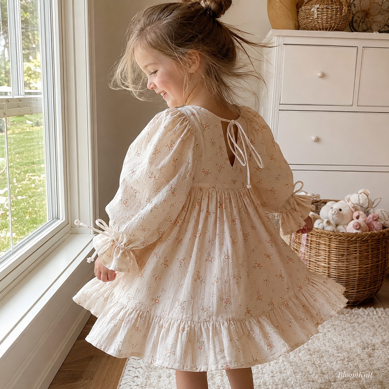 Girls Cotton Ruffle Dress, Puff Sleeves, Back Bow and Floral Styles – 03 pink child