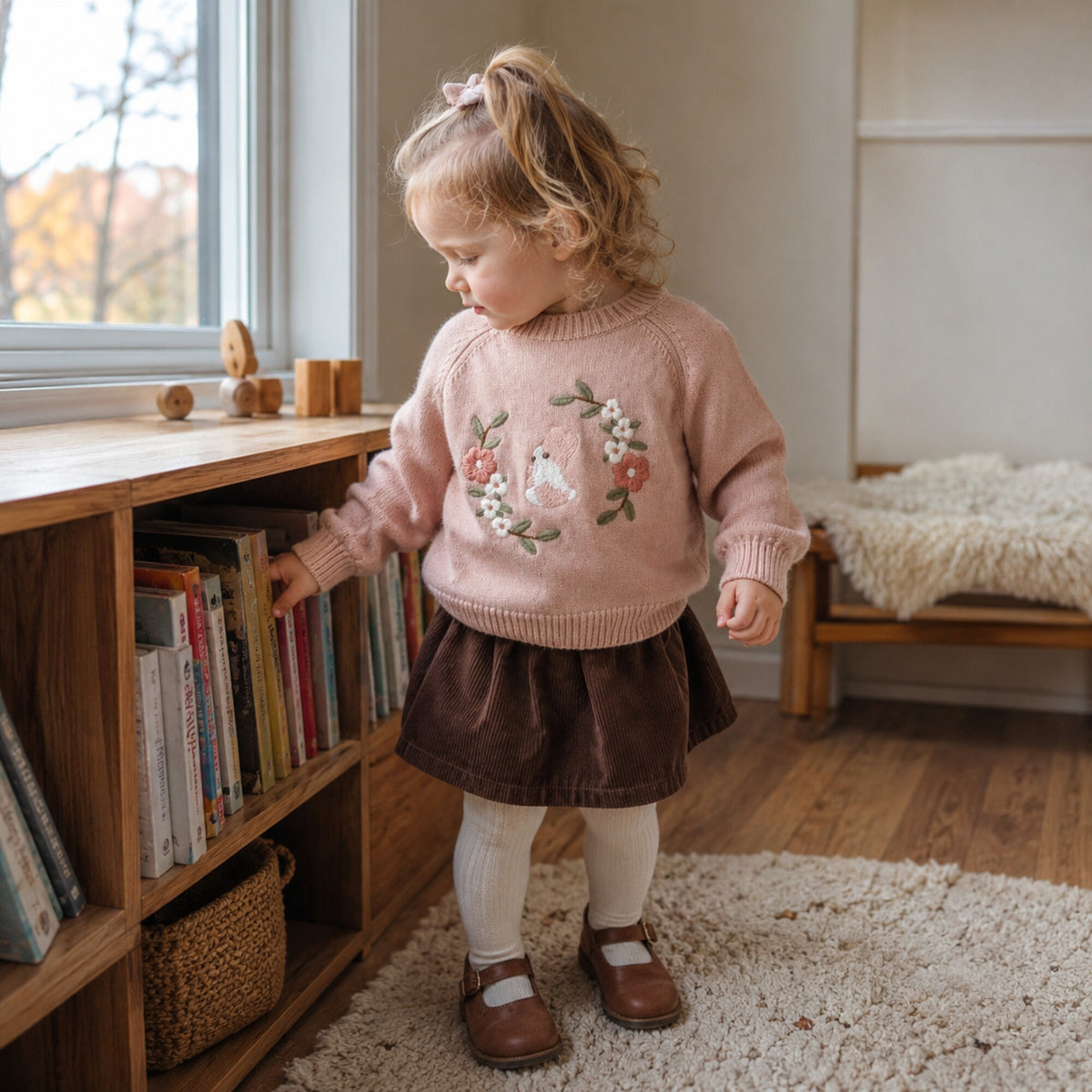 Toddler wearing the dusty pink bunny sweater with cream tights for fall