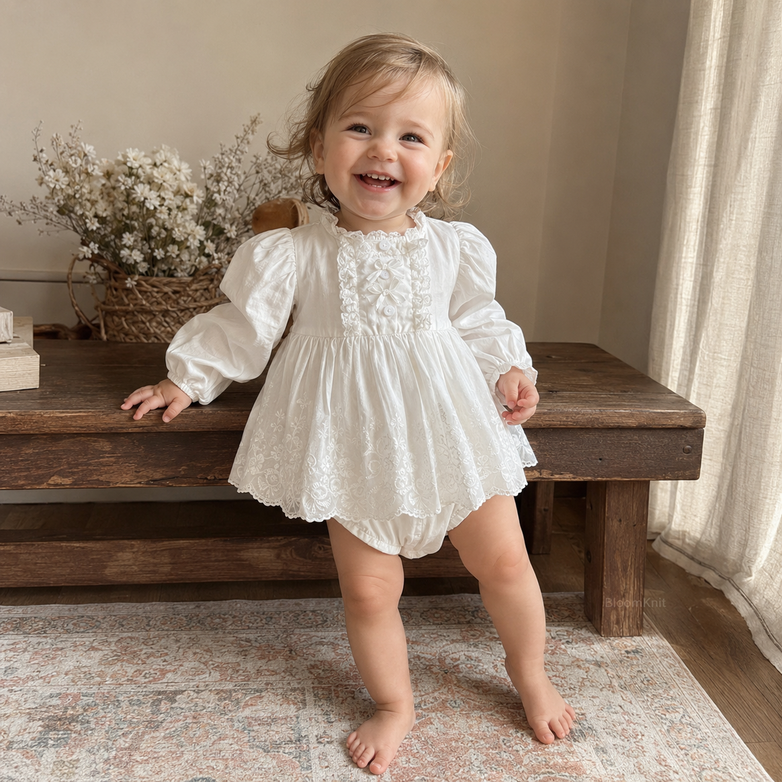 White Lace Baby Romper Dress, Long Sleeve Christening Outfit with Matching Bonnet – 03 toddler romper
