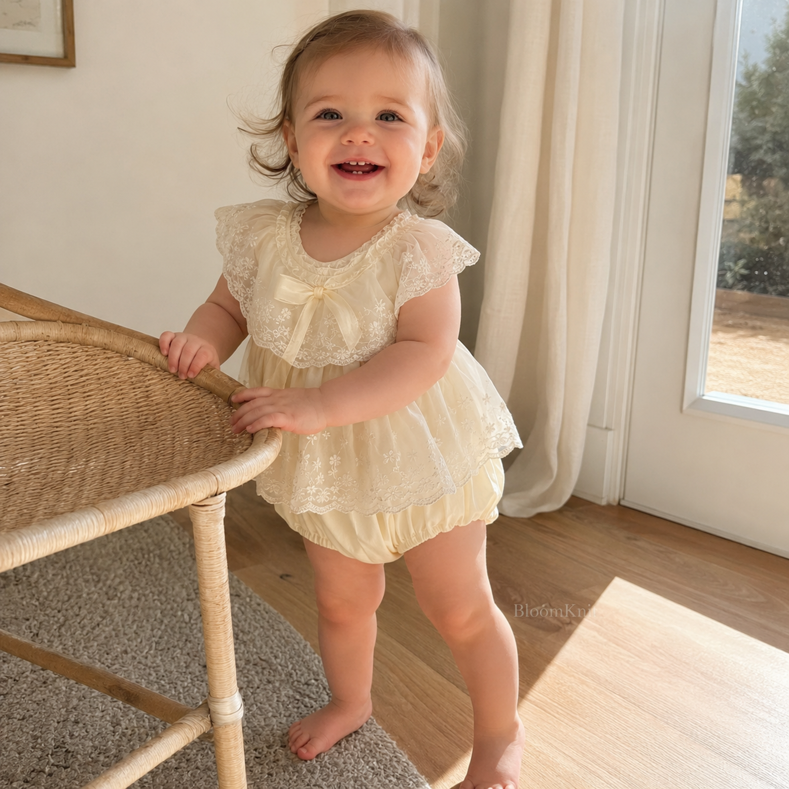 Ivory Lace Baby Romper Dress, Bow Collar Christening and First Birthday Outfit – 03 toddler standing
