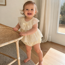 Ivory Lace Baby Romper Dress, Bow Collar Christening and First Birthday Outfit