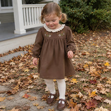 Girls Floral Peter Pan Collar Dress, Khaki or Brown Long Sleeve Fall Outfit
