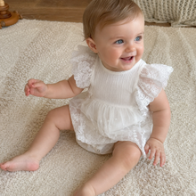 White Lace Baby Romper Dress with Flutter Sleeves and Embroidered Cotton Skirt