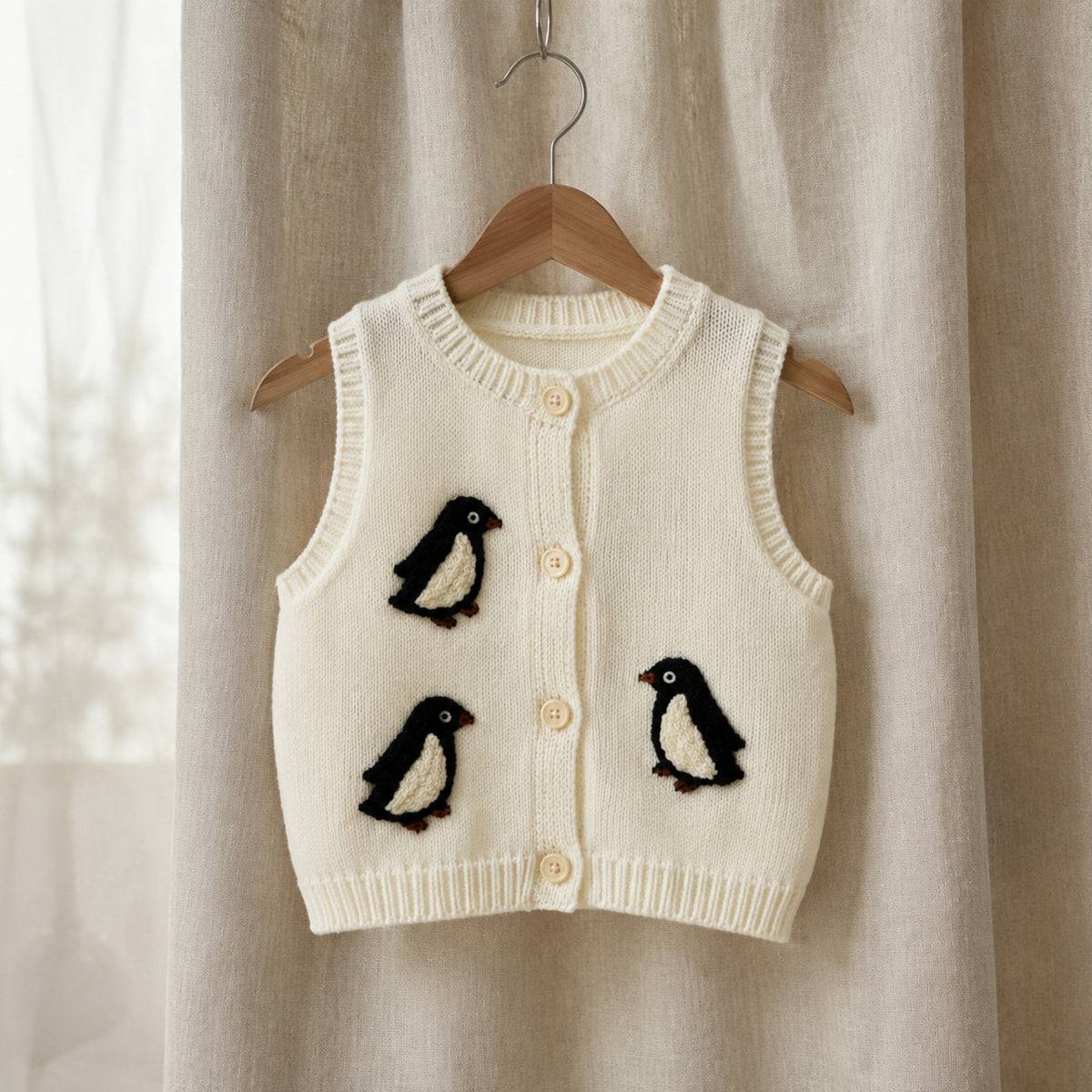 Ivory sleeveless penguin knit vest shown as a separate layering option