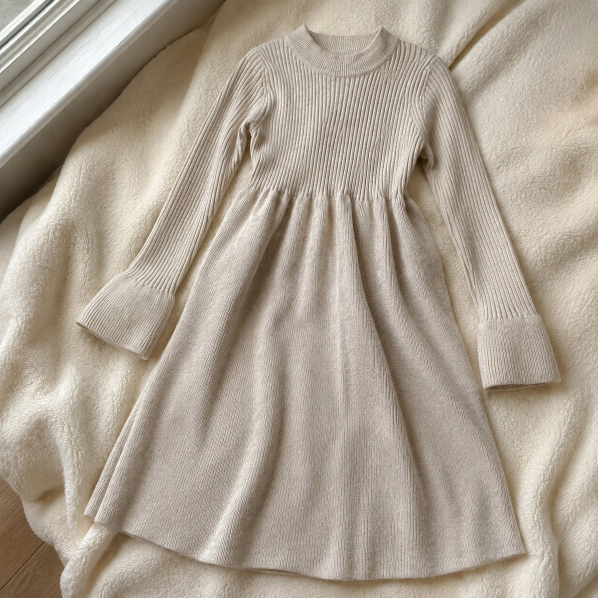 Soft oatmeal girls ribbed knit midi dress shown in a natural overhead flatlay