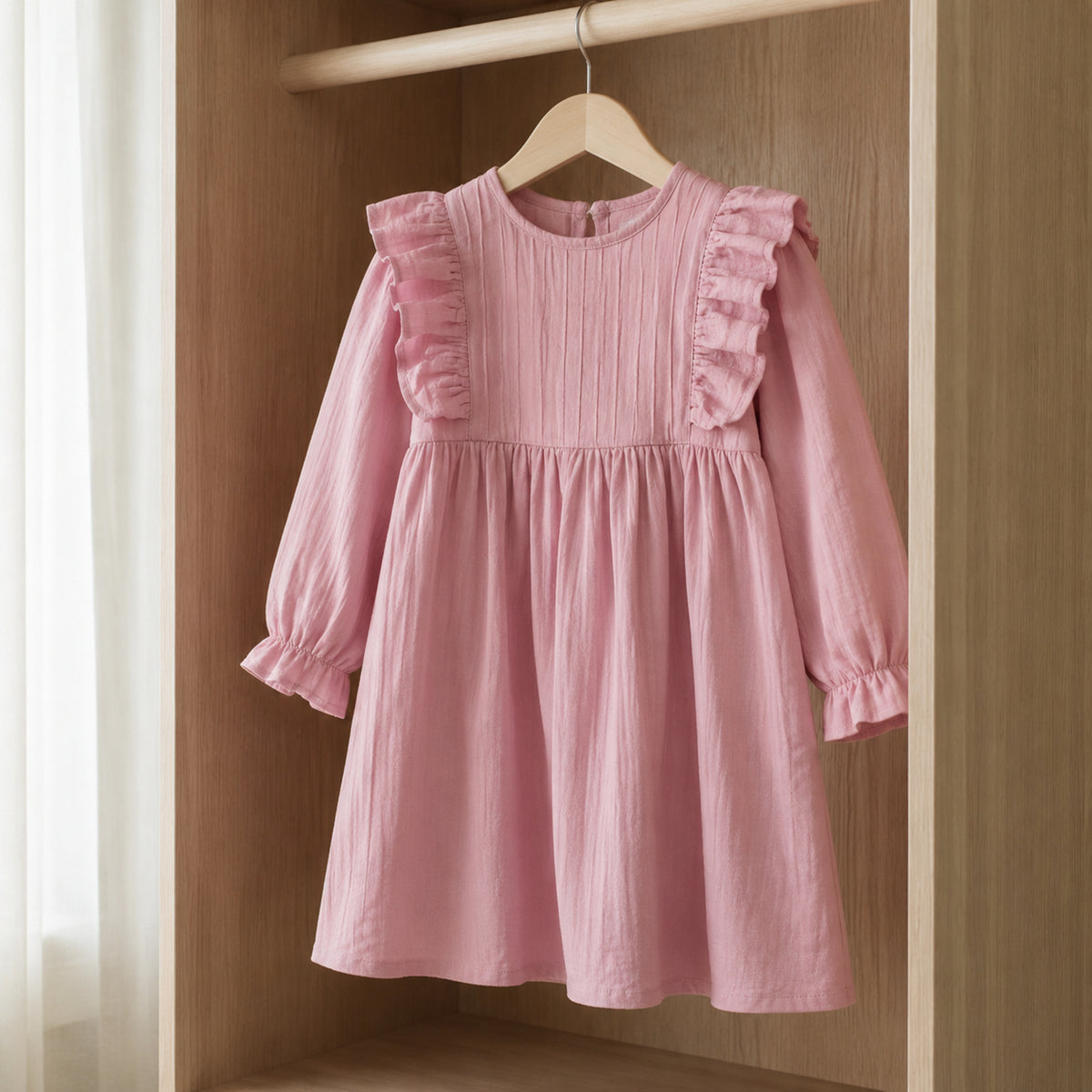 Dusty pink girls pintuck ruffle dress hanging in a simple wardrobe