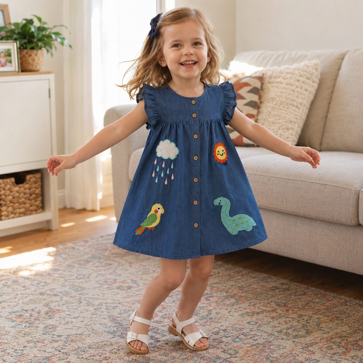 Toddler girl wearing a navy ruffle sleeve denim dress at home