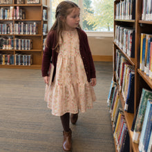 Girls Pink Rose Floral Puff Sleeve Midi Dress, Cottagecore Fall Princess Dress