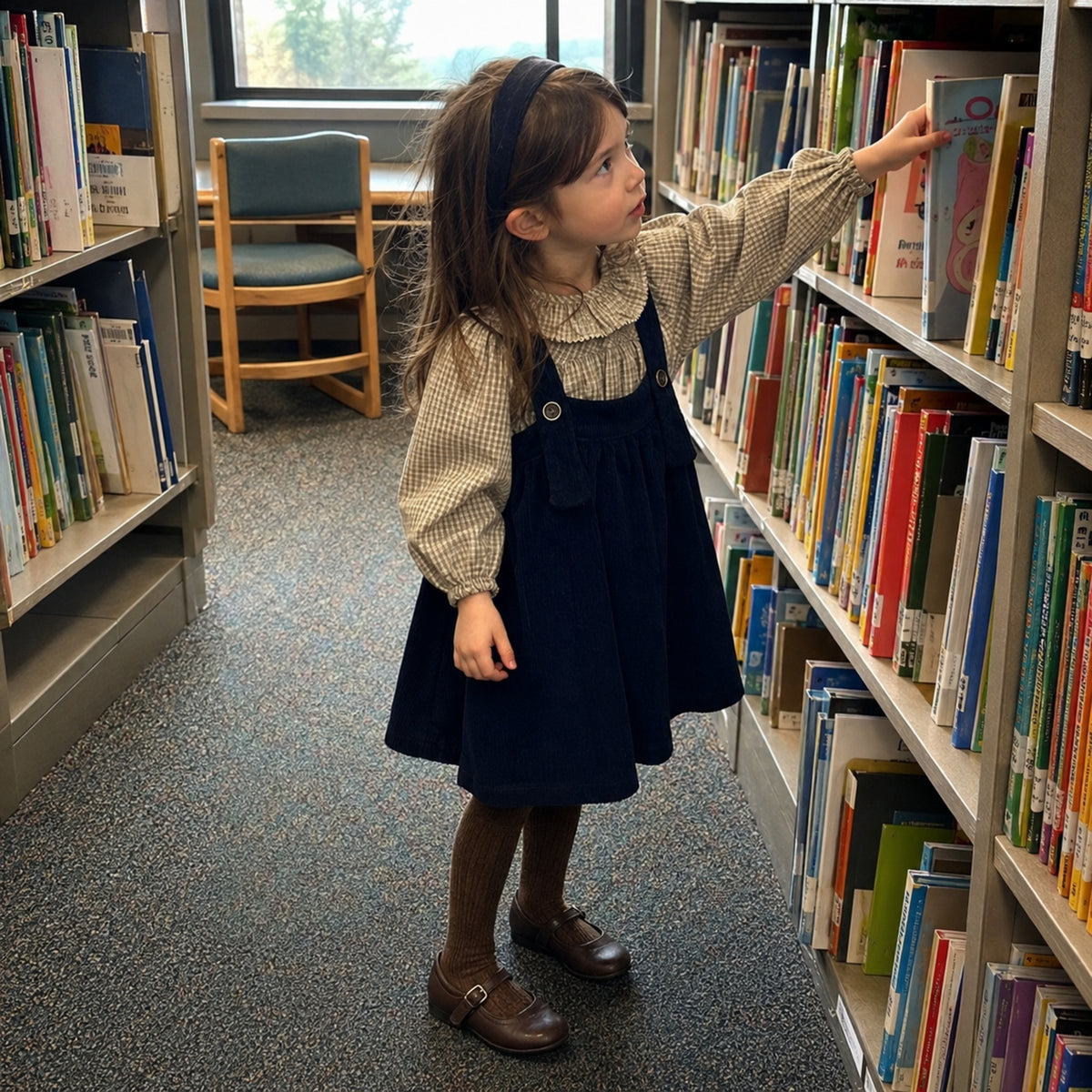 Older girl wearing gingham blouse and navy pinafore with cocoa tights in a library