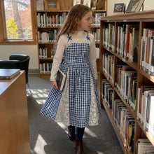 Girls Blue Gingham Maxi Dress with White Floral Lace, Fall Layering Dress