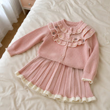 Girls Ruffle Flower Knit Cardigan and Pleated Skirt Set, 2-Piece Fall Outfit