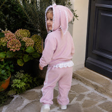 Girls Pink Bunny Ear Hoodie and Lace Ruffle Pants Set, 2-Piece Ribbed Outfit