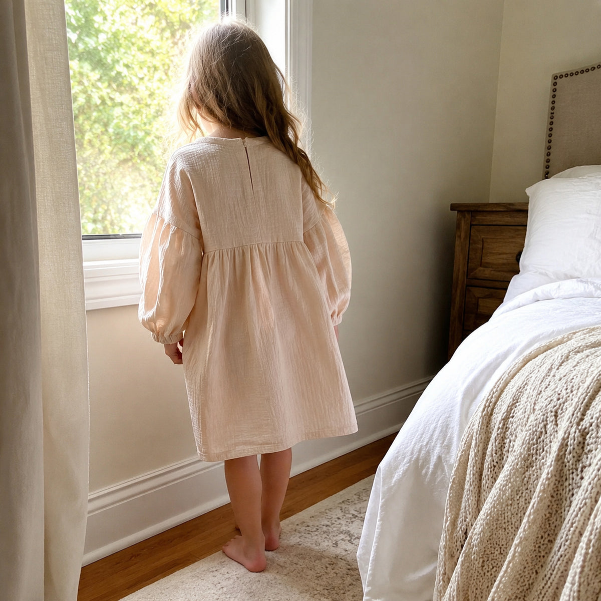 Beige girls muslin dress back view