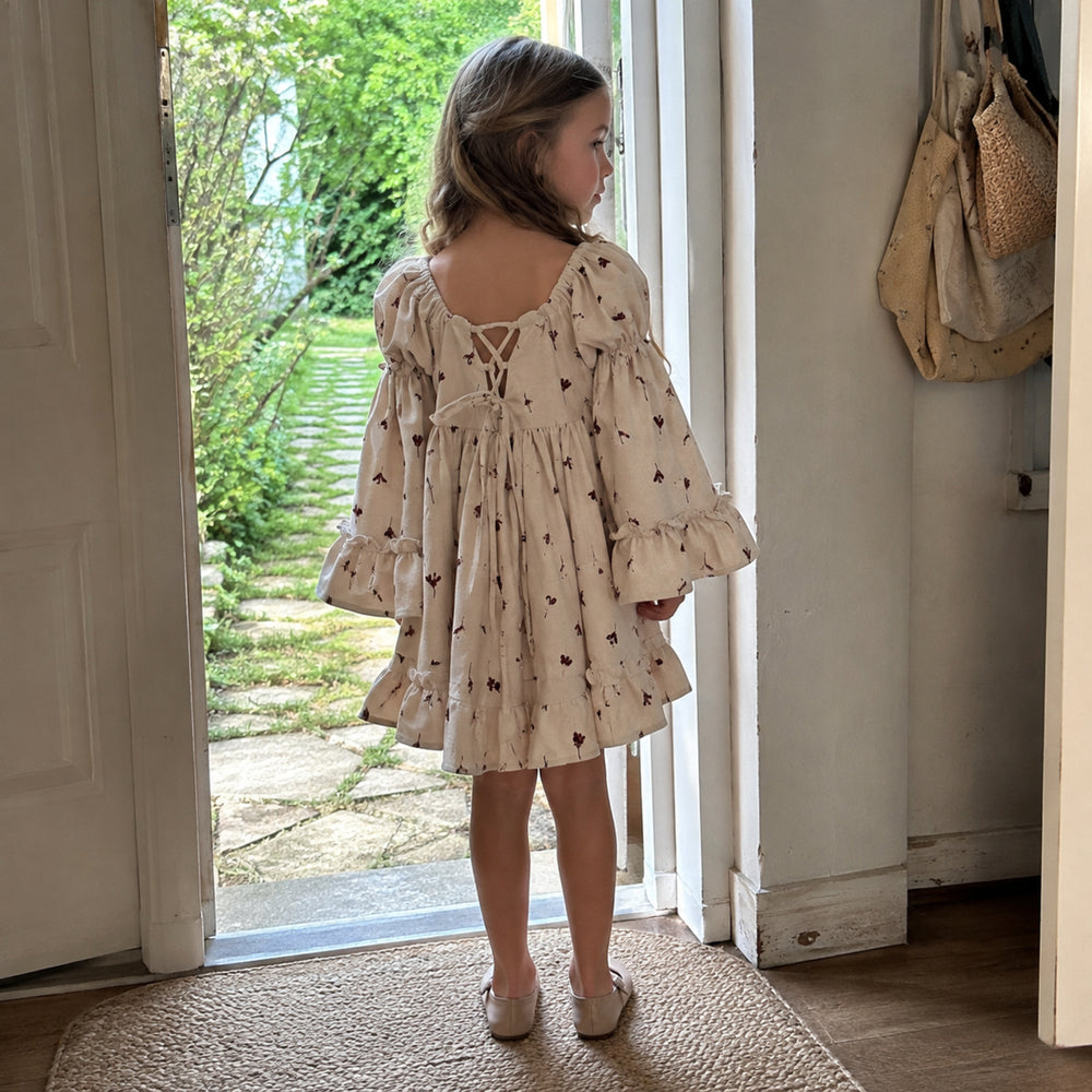Girls Beige Floral Ruffle Dress, Long Puff Sleeve Fall and Back to School Outfit