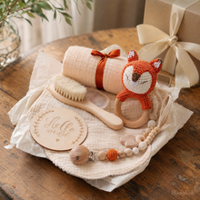 Newborn Baby Gift Box, Crochet Animal Rattle, Muslin Blanket, Pacifier Clip and Brush