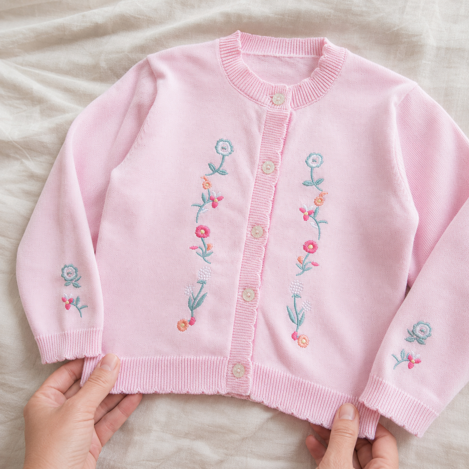 Pink Floral Embroidered Girls Cardigan, Lightweight Cotton Knit Toddler Sweater Gift – 04 front detail