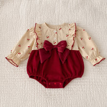 Baby Burgundy Velvet Romper with Cherry Print Top and Big Bow, Holiday Outfit